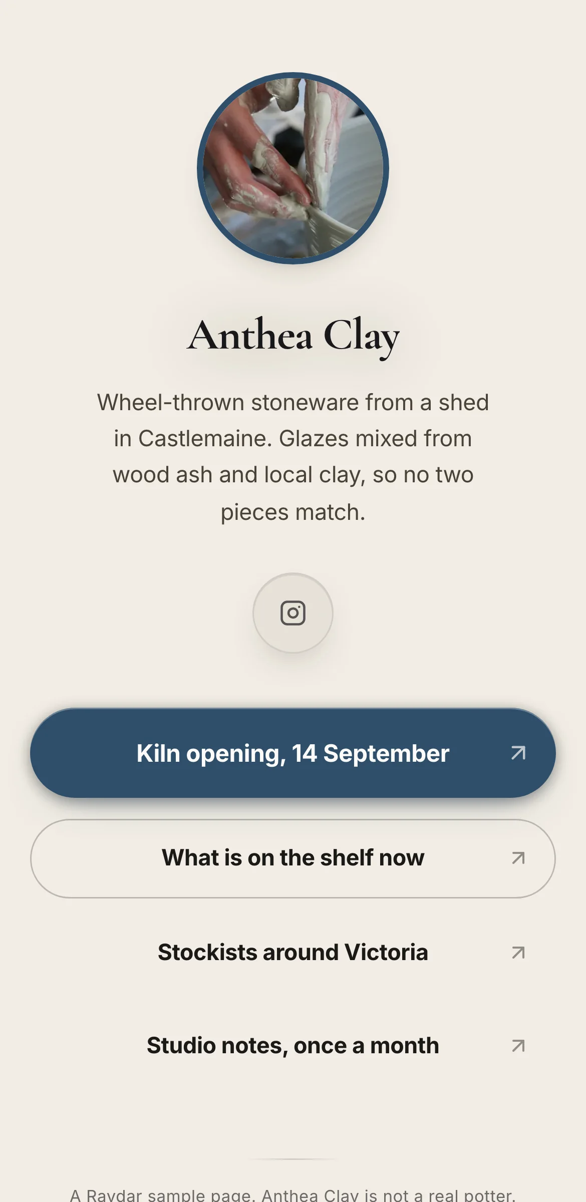 Example link in bio page for a fictional potter, Anthea Clay: cream background, serif name, four rounded buttons led by a slate blue kiln opening date.
