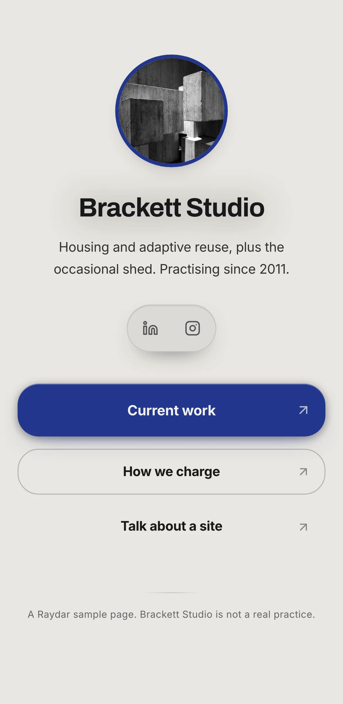 Example link in bio page for a fictional architecture studio, Brackett Studio: pale grey page, bold sans name, three square buttons led by deep blue.