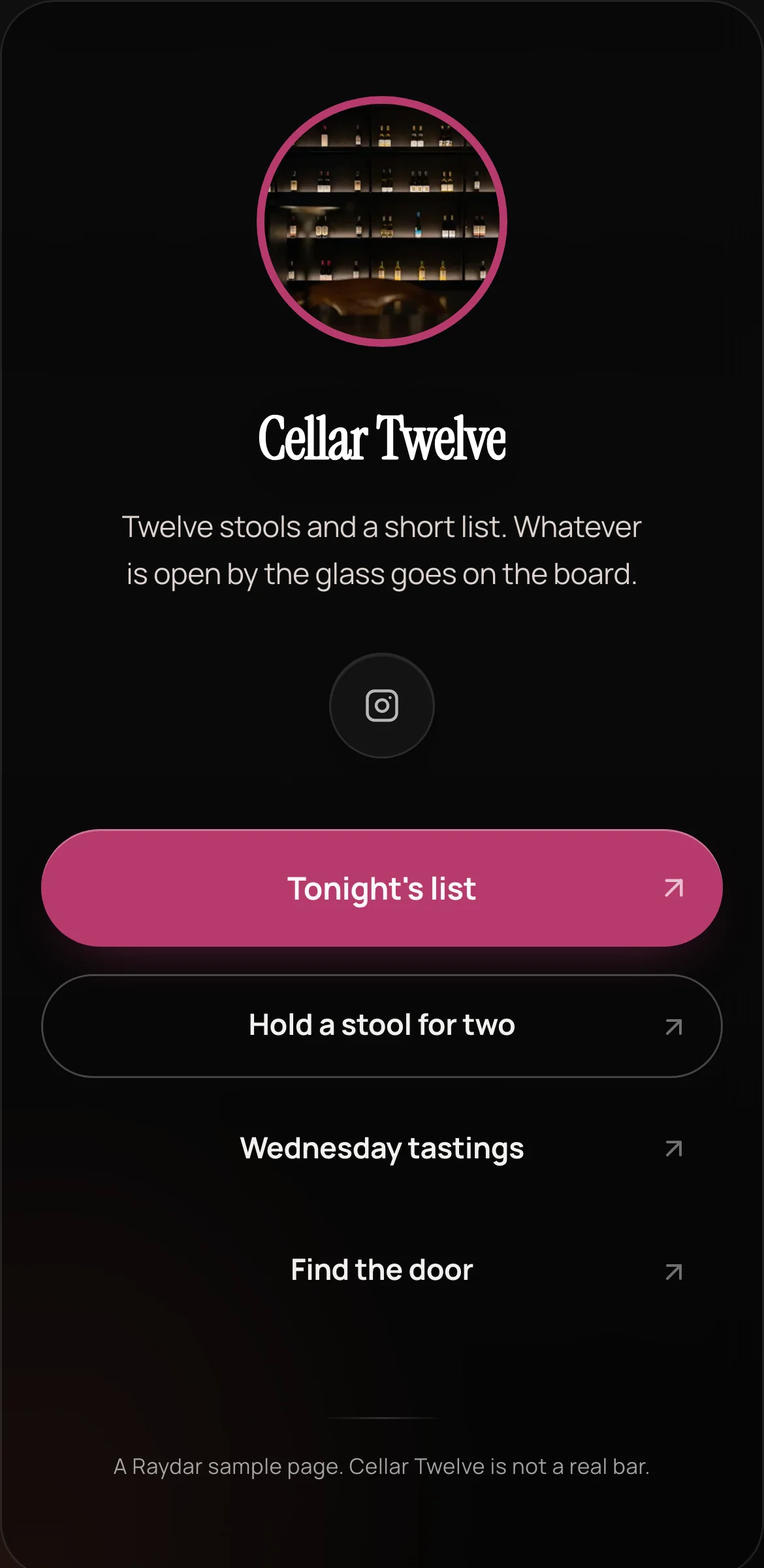 Example link in bio page for a fictional wine bar, Cellar Twelve: black page, pink-ringed photo of wine shelves, condensed serif name, pink first button.