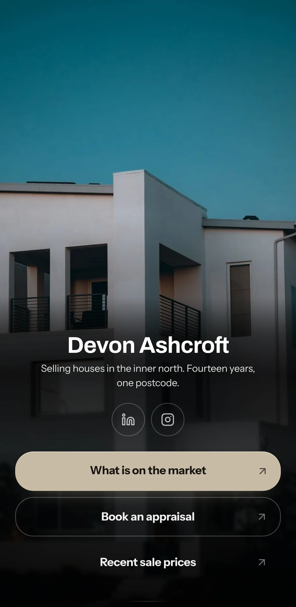 Example link in bio page for a fictional real estate agent, Devon Ashcroft: modern house photo, name set low over it, stone and outlined buttons below.