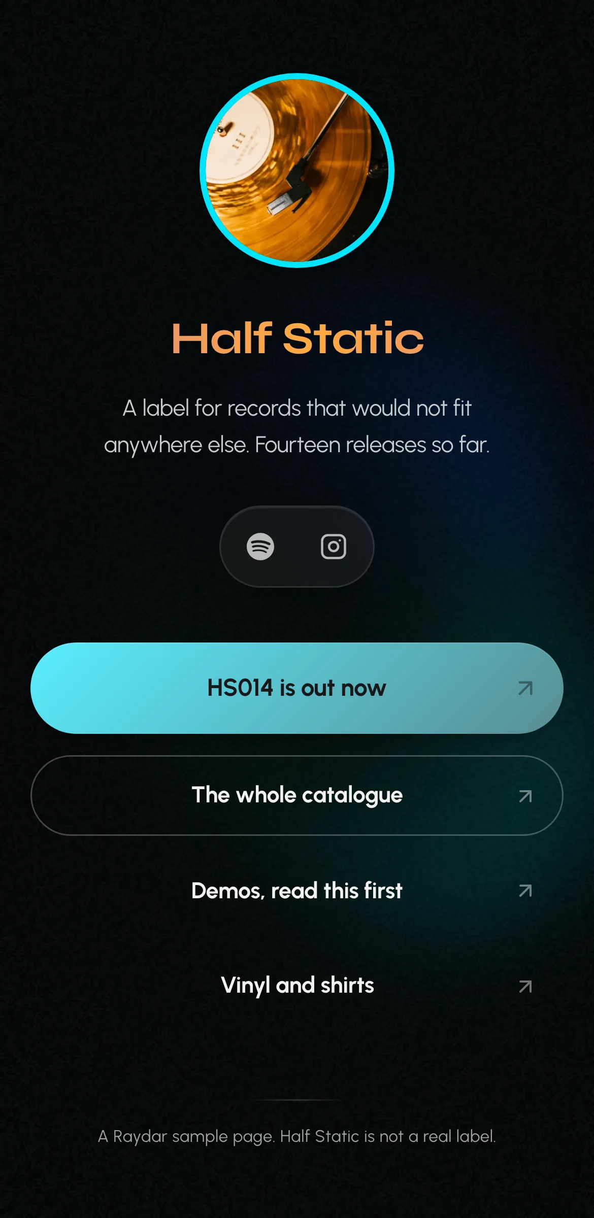 Example link in bio page for a fictional record label, Half Static: black page, turntable photo in a cyan ring, glowing cyan first button and outlined buttons.