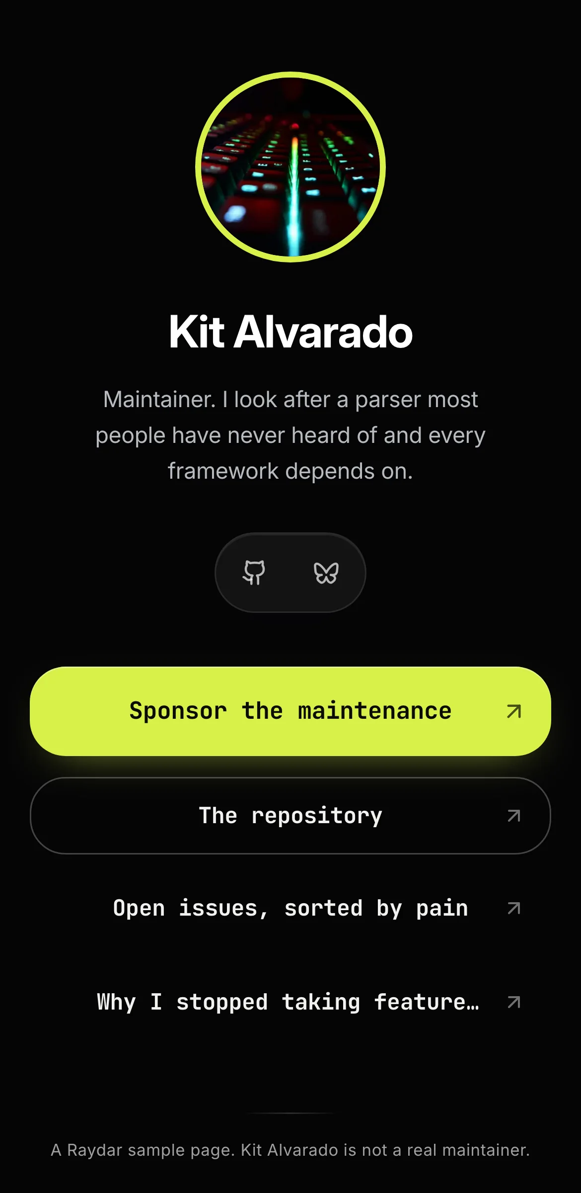 Example link in bio page for a fictional open-source maintainer, Kit Alvarado: black page, chartreuse ring and a monospaced Sponsor the maintenance button.