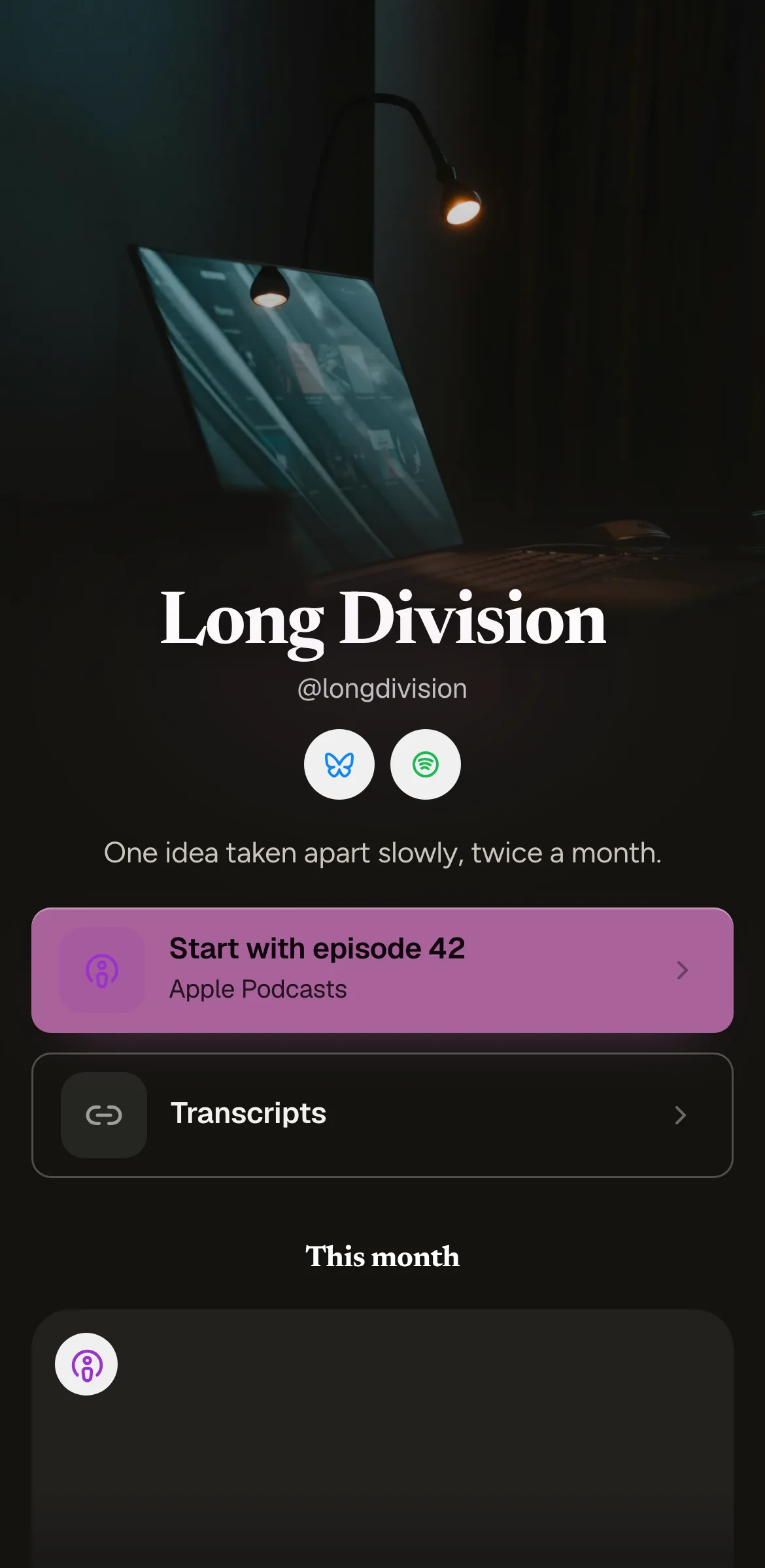 Example link in bio page for a fictional essay series, Long Division: dark room photo, serif name, mauve Start with episode 42 button and Transcripts.