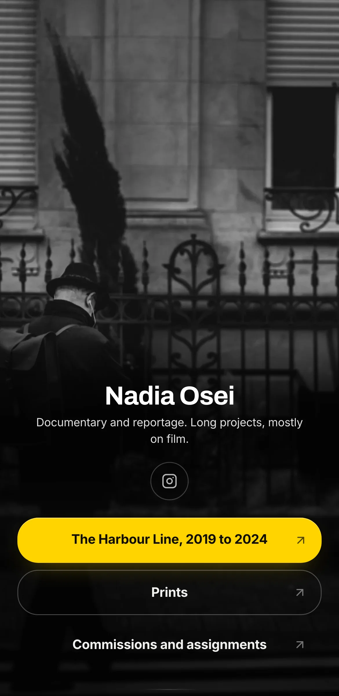 Example link in bio page for a fictional documentary photographer, Nadia Osei: black and white street photo, name set low, yellow first button.