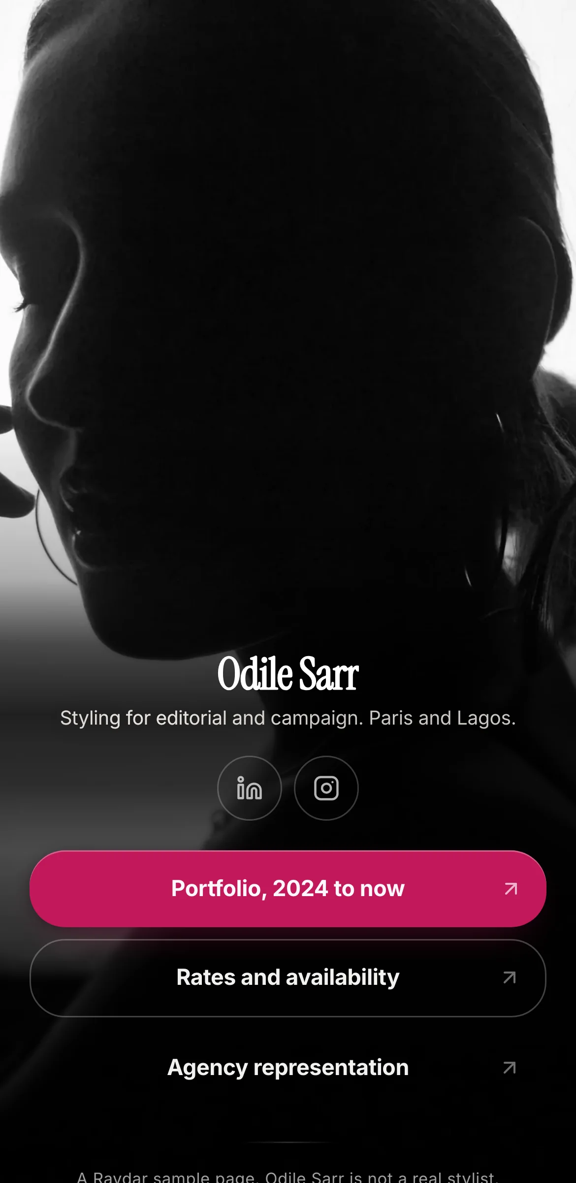 Example link in bio page for a fictional fashion stylist, Odile Sarr: black and white silhouette portrait, name set low, magenta portfolio button.