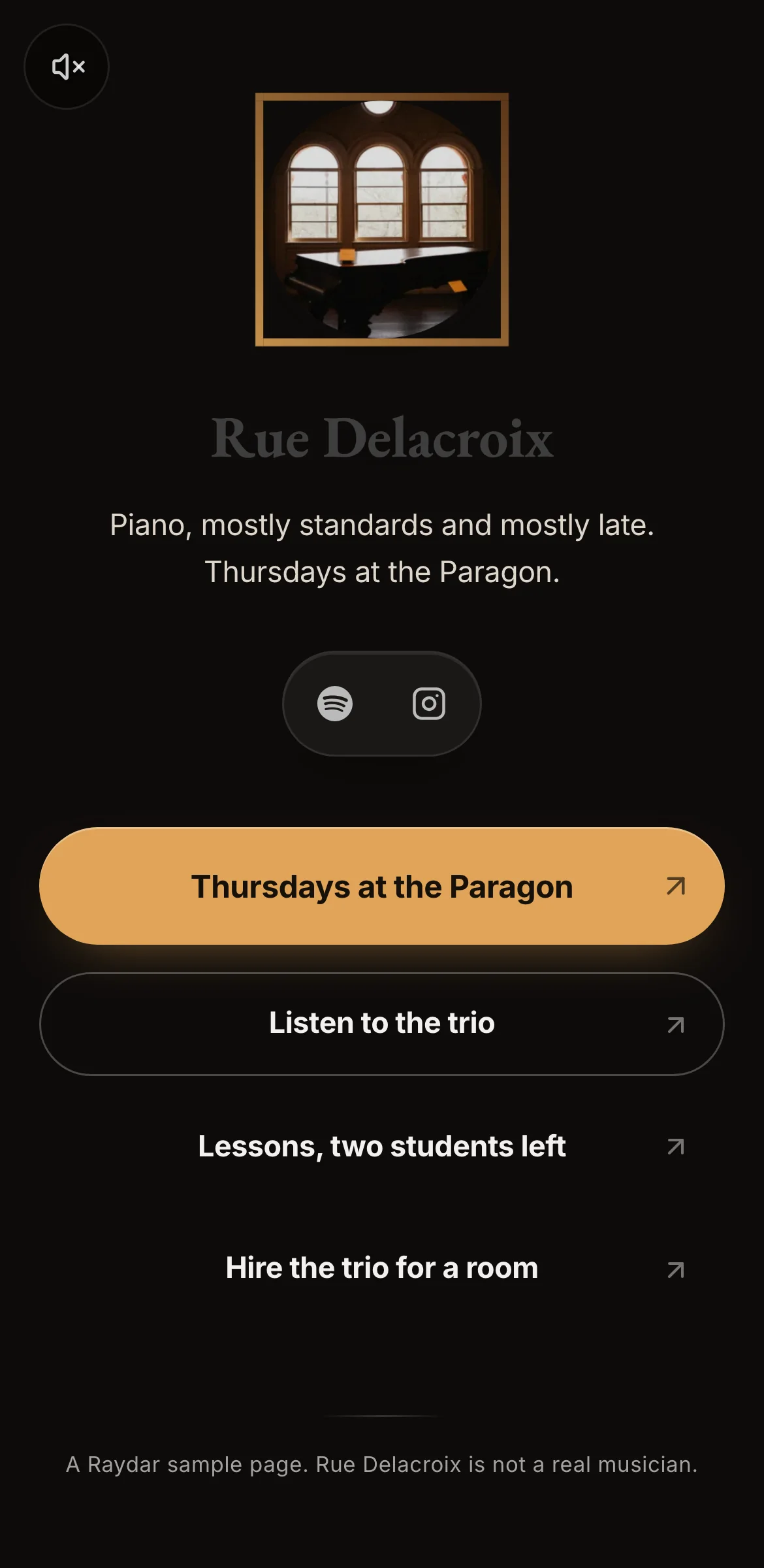 Example link in bio page for a fictional jazz pianist, Rue Delacroix: dark page, framed photo of a piano room, amber Thursdays at the Paragon button.