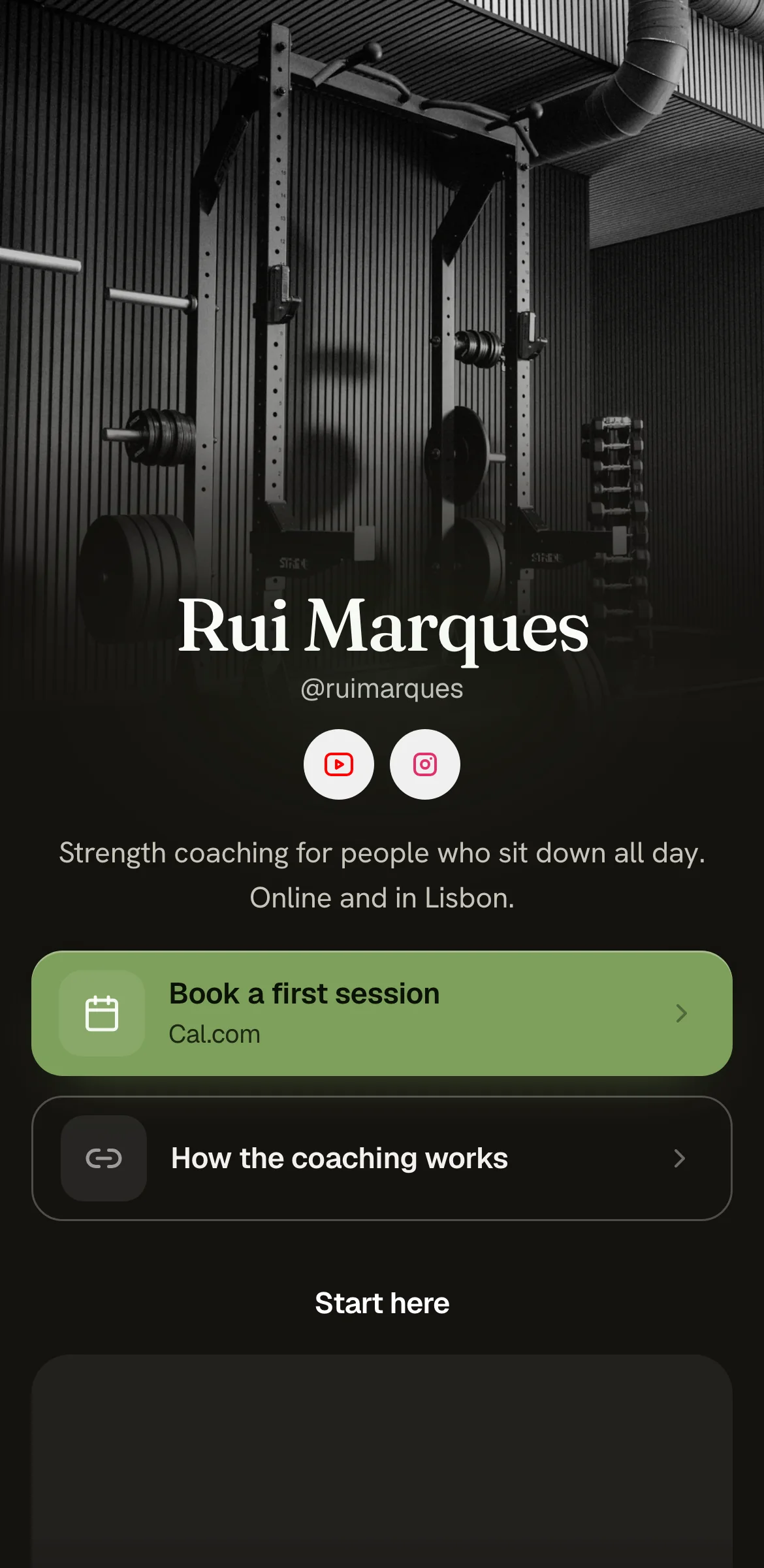 Example link in bio page for a fictional strength coach, Rui Marques: dark gym photo, serif name, green Book a first session button, a second button below.
