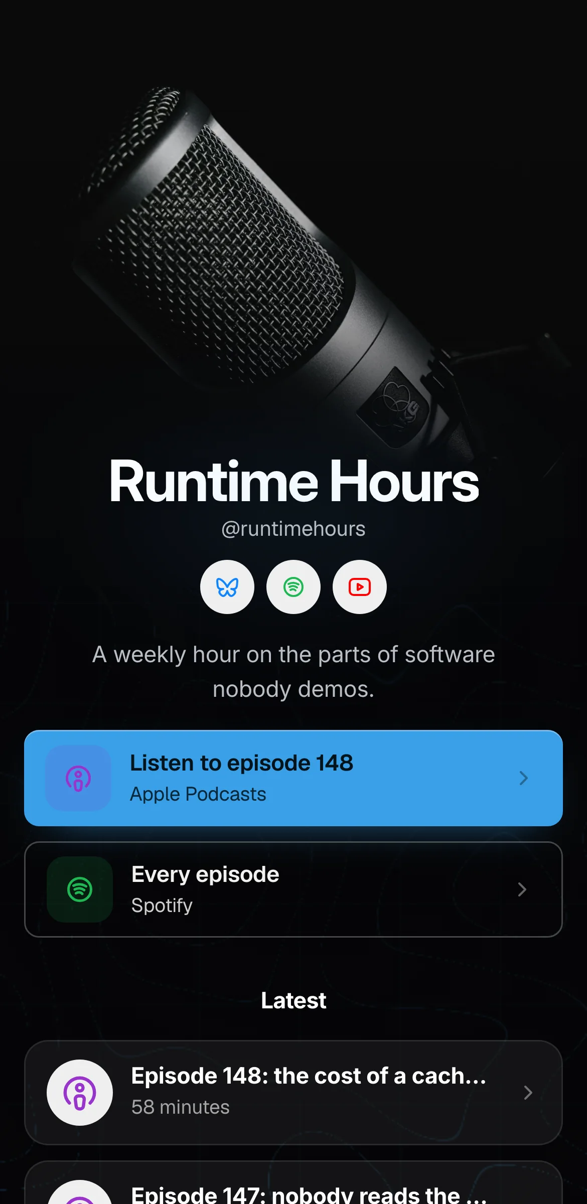 Example link in bio page for a fictional tech podcast, Runtime Hours: microphone photo, bold name, blue Listen to episode 148 button and an episode list.