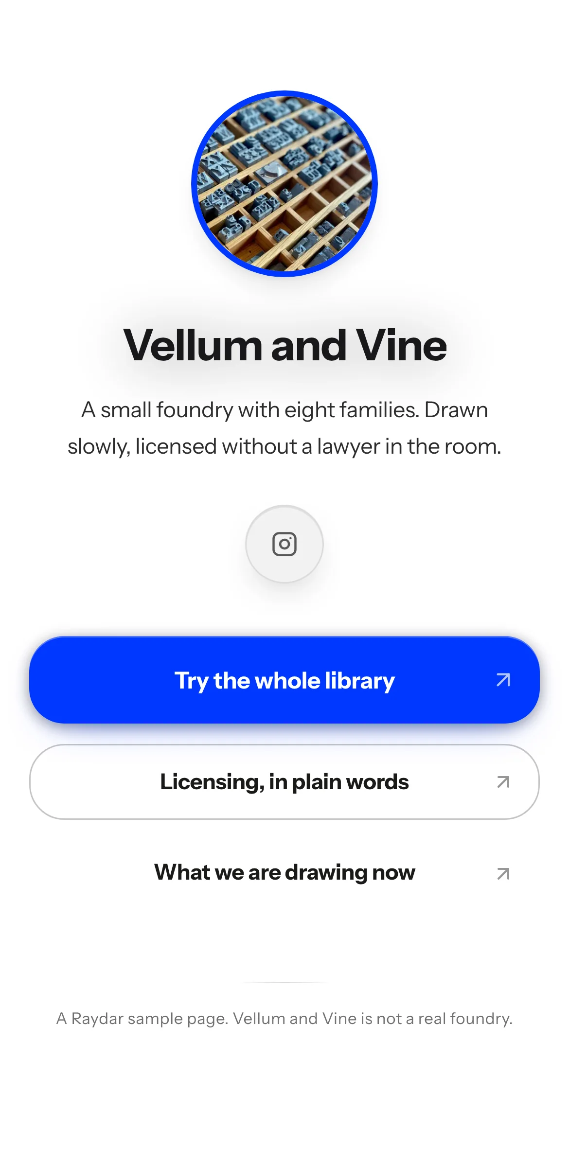 Example link in bio page for a fictional type foundry, Vellum and Vine: white page, metal type photo in a blue ring, electric blue Try the whole library button.