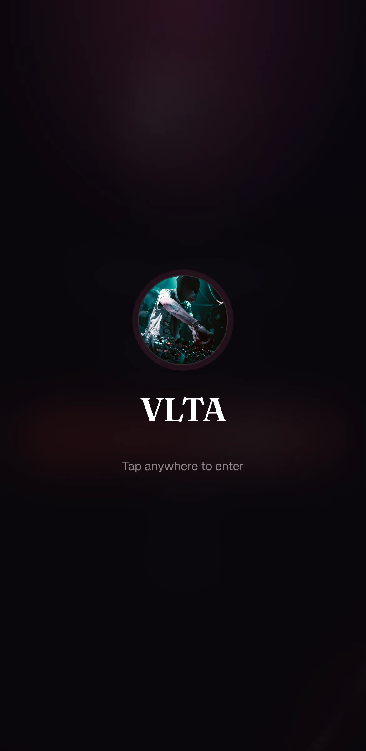 Example link in bio page for a fictional DJ, VLTA: black splash screen with a round photo of a DJ, the name in capitals and Tap anywhere to enter.
